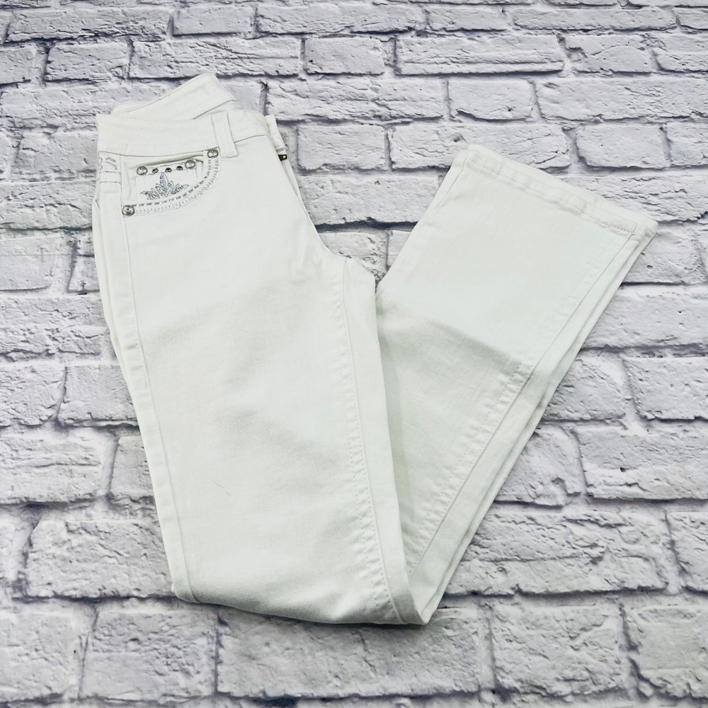 Lamasini Jeans Size 1 Womens White Embroidered Rhinestone Embellished Bootcut
